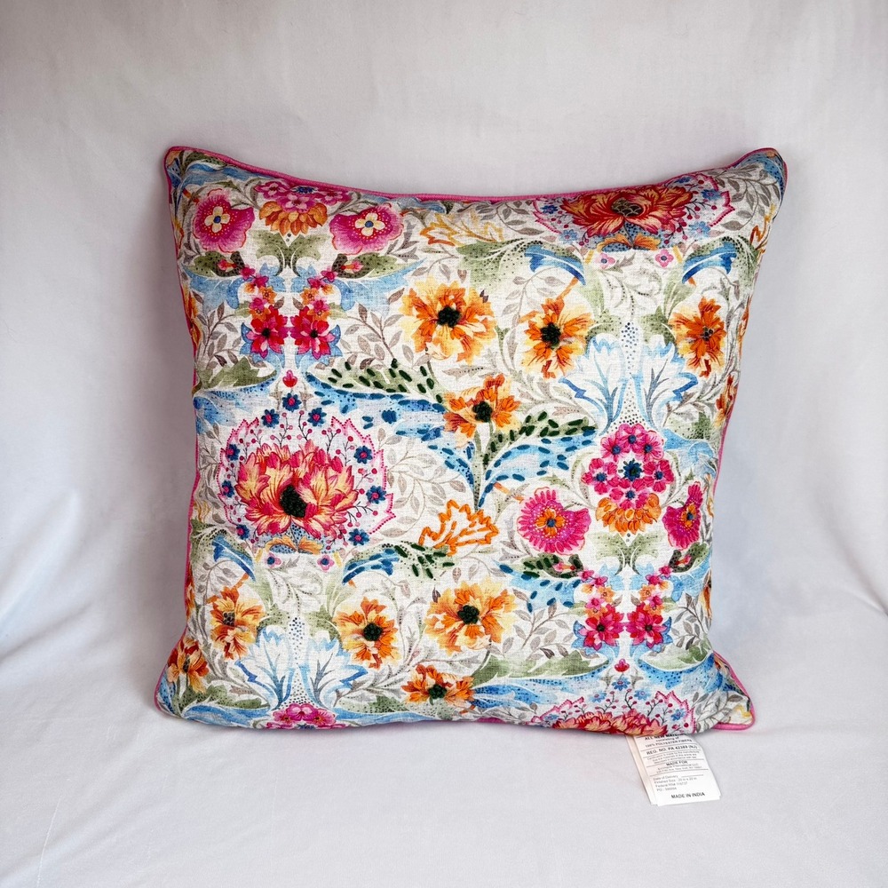 Floral Throw Pillow 20x20 Pink Piped Edge Cotton Reversible